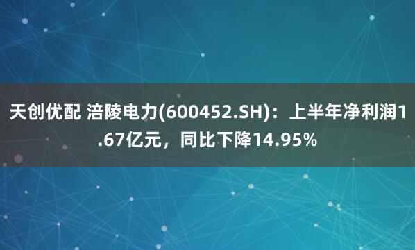 天创优配 涪陵电力(600452.SH)：上半年净利润1.67亿元，同比下降14.95%